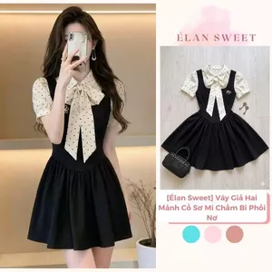 Váy Giả Hai Mảnh Cổ Sơ Mi Chấm Bi Phối Nơ - Váy Xòe Công Sở Dáng Ngắn Nhấn Eo Tiểu Thư