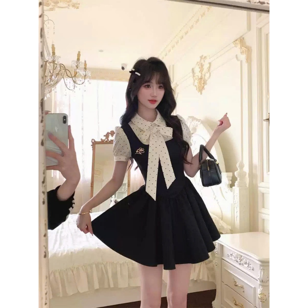 [Élan Sweet] Váy Giả Hai Mảnh Cổ Sơ Mi Chấm Bi Phối Nơ - Váy Xòe Công Sở Dáng Ngắn Nhấn Eo Tiểu Thư