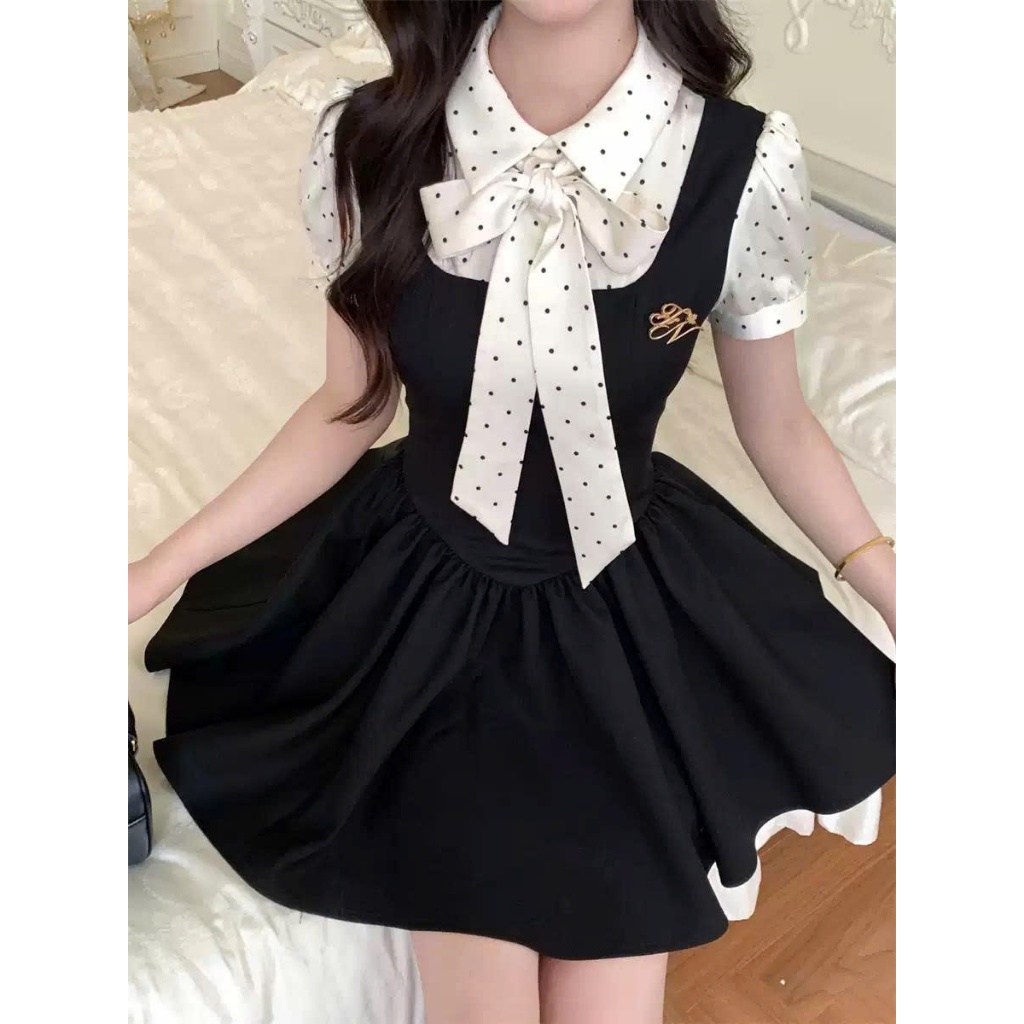 [Élan Sweet] Váy Giả Hai Mảnh Cổ Sơ Mi Chấm Bi Phối Nơ - Váy Xòe Công Sở Dáng Ngắn Nhấn Eo Tiểu Thư