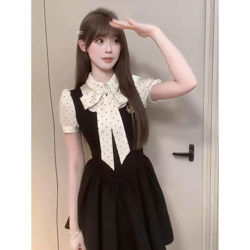 [Élan Sweet] Váy Giả Hai Mảnh Cổ Sơ Mi Chấm Bi Phối Nơ - Váy Xòe Công Sở Dáng Ngắn Nhấn Eo Tiểu Thư