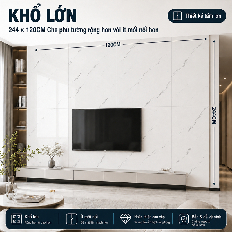 Tấm Dán Tường Vân Đá Cẩm Thạch Giấy Khổ Lớn 244x120cm Dày 2.3mm Tự Dính Chống Nước Trang Trí Phòng Khách Bếp