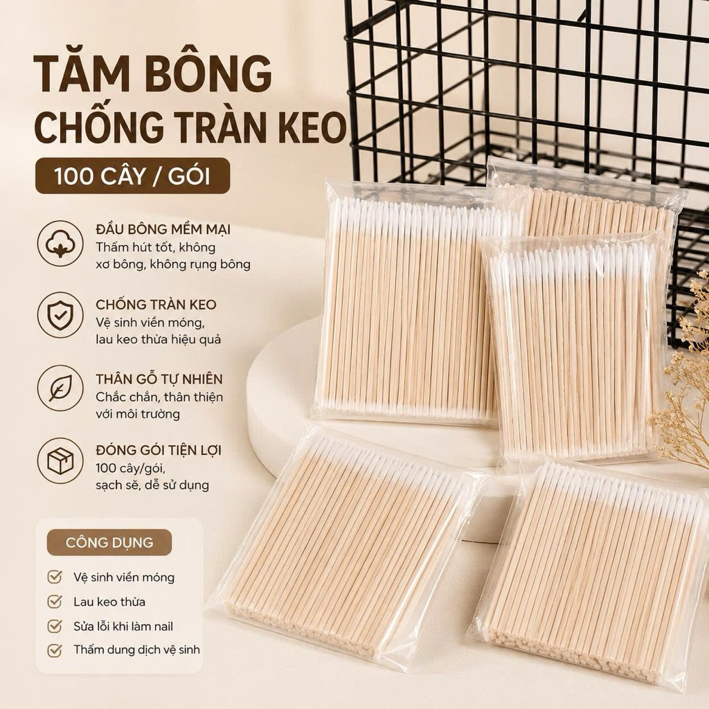 Tăm Bông Chống Tràn Keo Nail 100 Cây/Gói, Que Gỗ Đầu Bông Vệ Sinh Viền Móng, Lau Keo Gel Thừa NB4