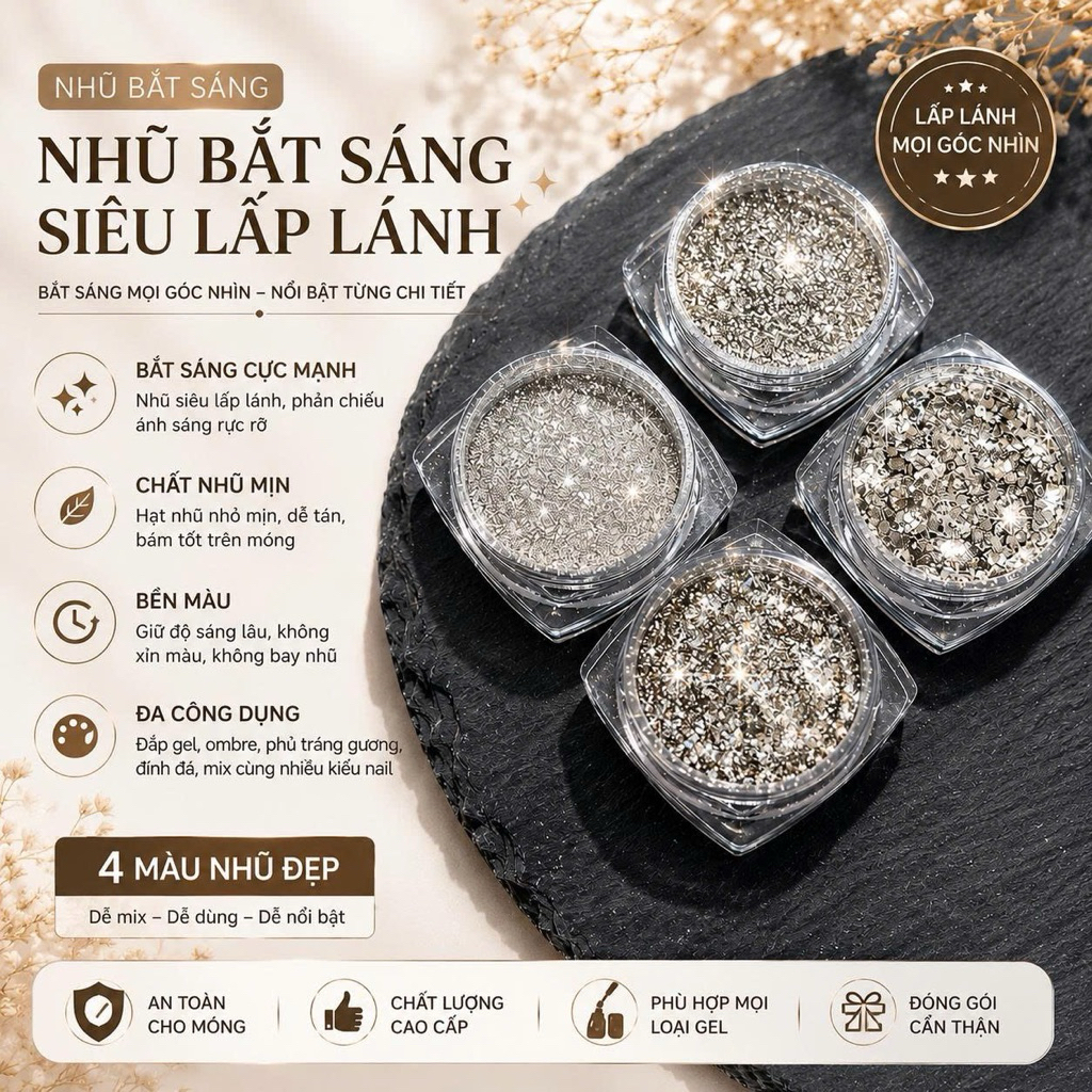 Nhũ Bắt Sáng 4 Màu Nail Cao Cấp - Nhũ Bạc Trang Trí Móng - Kim Tuyến Lấp Lánh Làm Nail  NB6