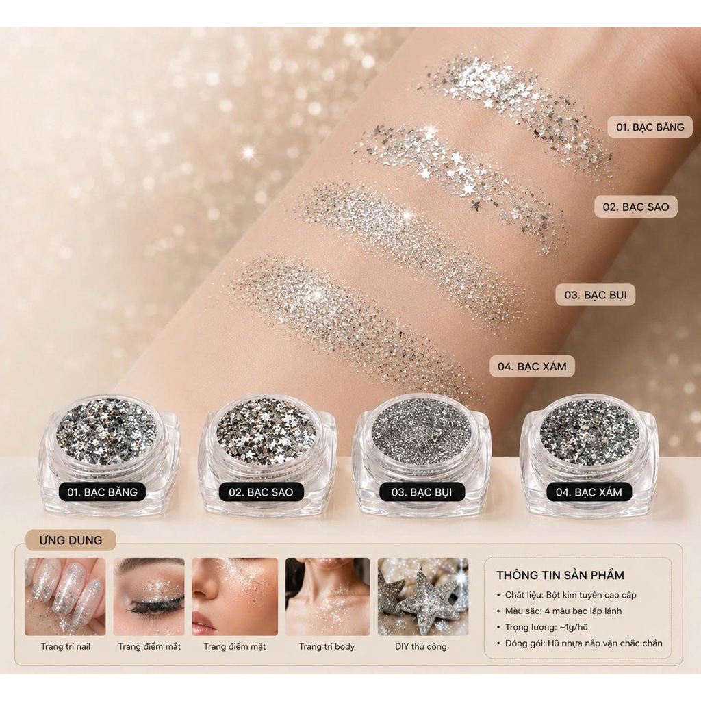 Nhũ Bắt Sáng 4 Màu Nail Cao Cấp - Nhũ Bạc Trang Trí Móng - Kim Tuyến Lấp Lánh Làm Nail  NB6