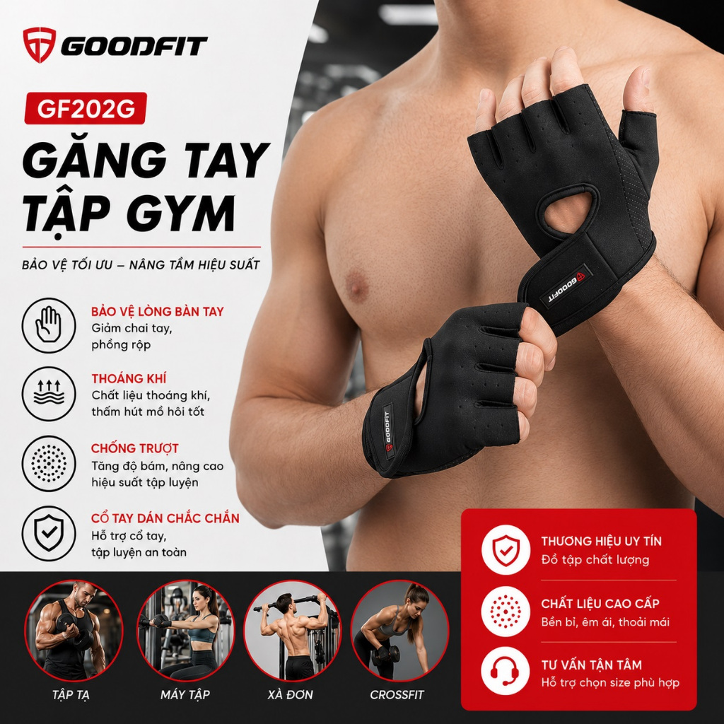 Găng tay hở ngón, bao tay tập gym, tập đu xà nam nữ GoodFit GF202G đệm silicone chống trượt, vải đục lỗ thoáng khí