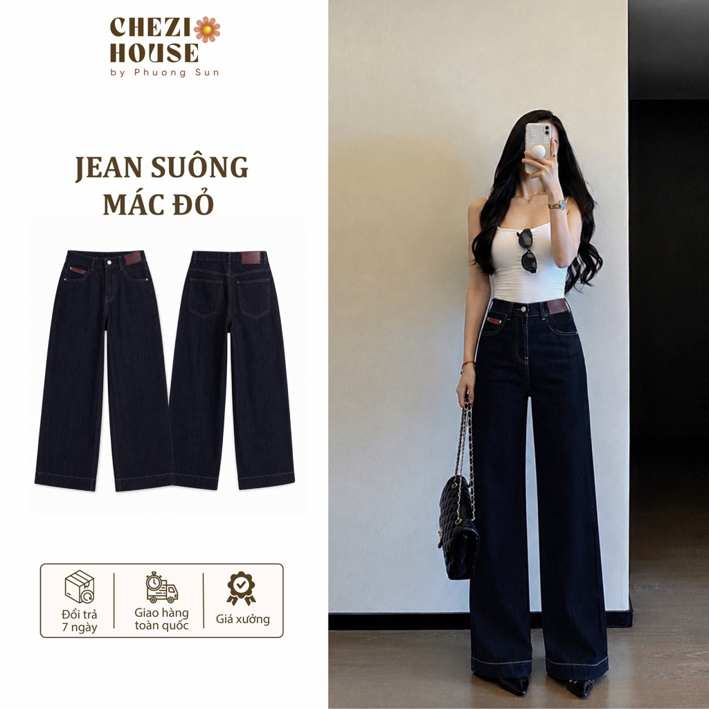 Quần Jean Suông Nữ CHEZI HOUSE Phối Mác Đỏ Lưng Cao Tôn Dáng Che Khuyết Điểm #8256 #8302  Màu Xanh Than Denim
