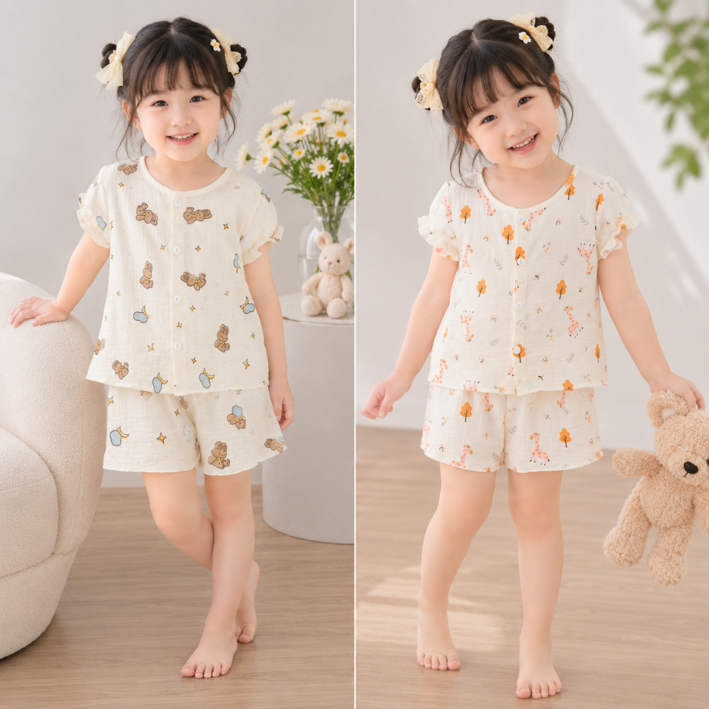 Đồ Bộ Bé Gái 8-26kg SONBEE - Đồ Bộ Ngắn Chất Liệu Xô Muslin Siêu Thấm Hút mồ Hôi, Họa Tiết Dễ Thương