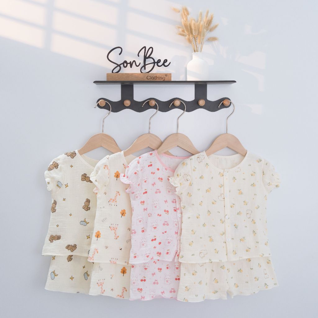 Đồ Bộ Bé Gái 8-26kg SONBEE - Đồ Bộ Ngắn Chất Liệu Xô Muslin Siêu Thấm Hút mồ Hôi, Họa Tiết Dễ Thương