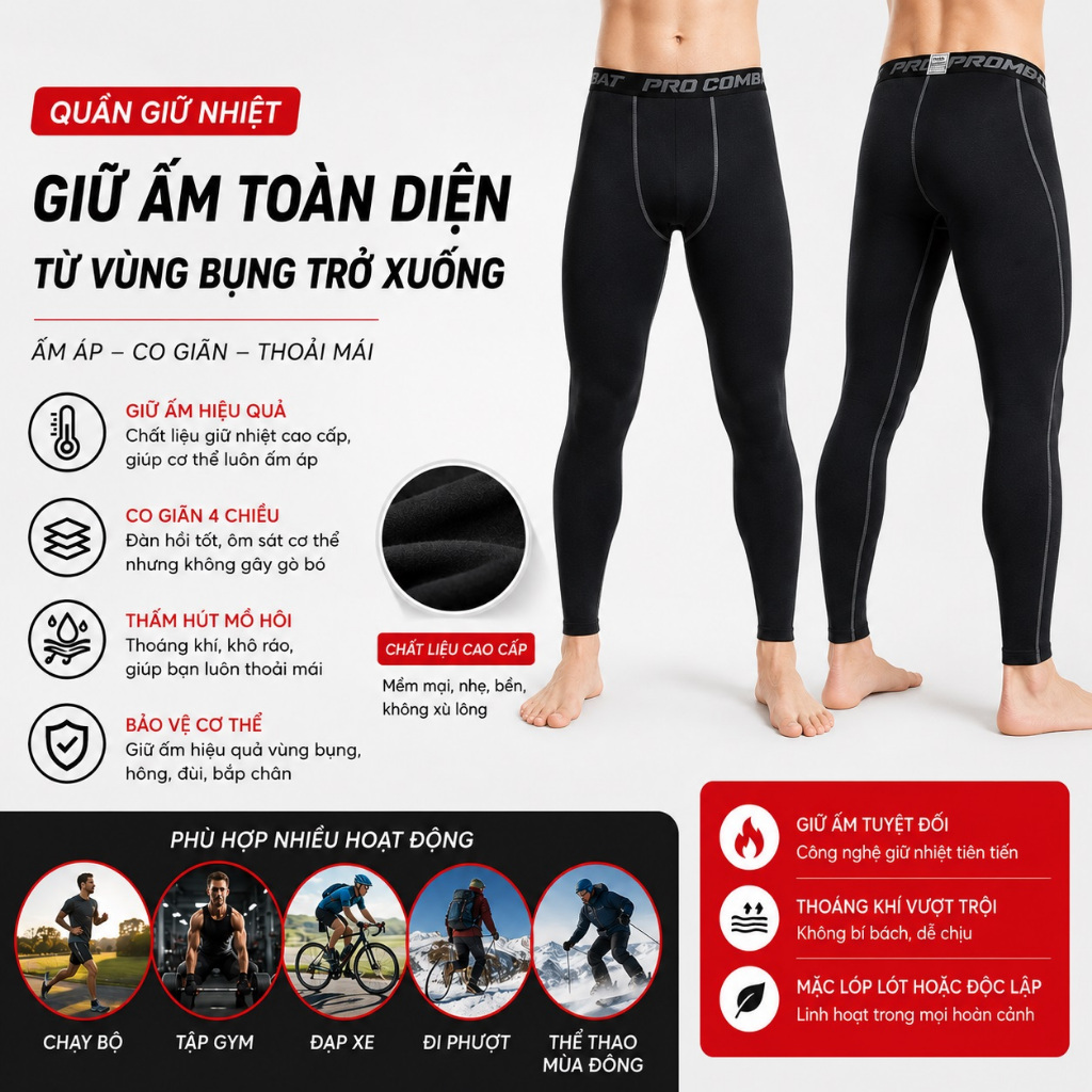 Quần giữ nhiệt combat legging nam dáng bó đẹp màu đen, tập gym, mặc lót trong cực thích