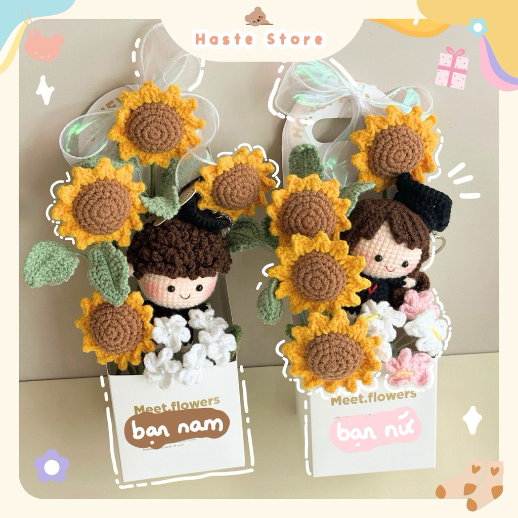 Giỏ Hoa Len Hướng Dương Tặng Tốt Nghiệp Handmade Dễ Thương Quà Tặng Bạn Nam Nữ Độc Đáo