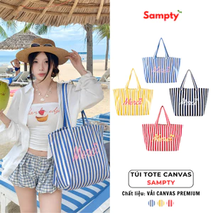 Túi Tote Canvas Merci 𝐒𝐚𝐦𝐩𝐭𝐲 Kẻ Sọc Vải Xương Cá Premium Thời Trang Y2K Go To Beach 2025