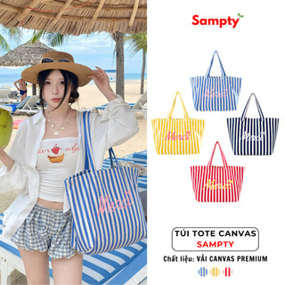 Túi Tote Canvas Merci 𝐒𝐚𝐦𝐩𝐭𝐲 Kẻ Sọc Vải Xương Cá Premium Thời Trang Y2K Go To Beach 2025