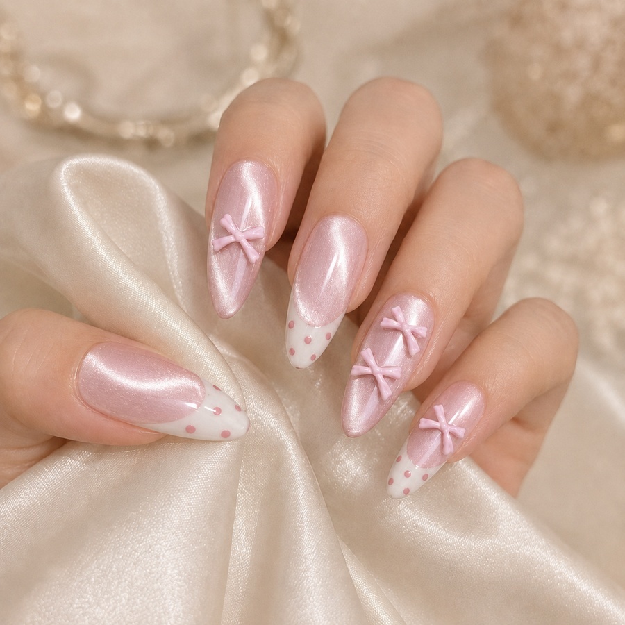 [D03] Móng giả gắn keo, nailbox mắt mèo màu hồng đính nơ chấm dễ thương giá rẻ tự dán tại nhà LEUBOX