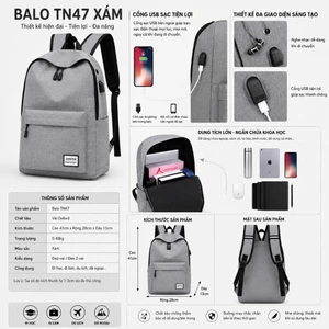 Balo Laptop TN47 Chống Nước Có Cổng USB Chống Trộm Nam Nữ Đi Học Đi Làm Đựng Laptop 15.6 Inch