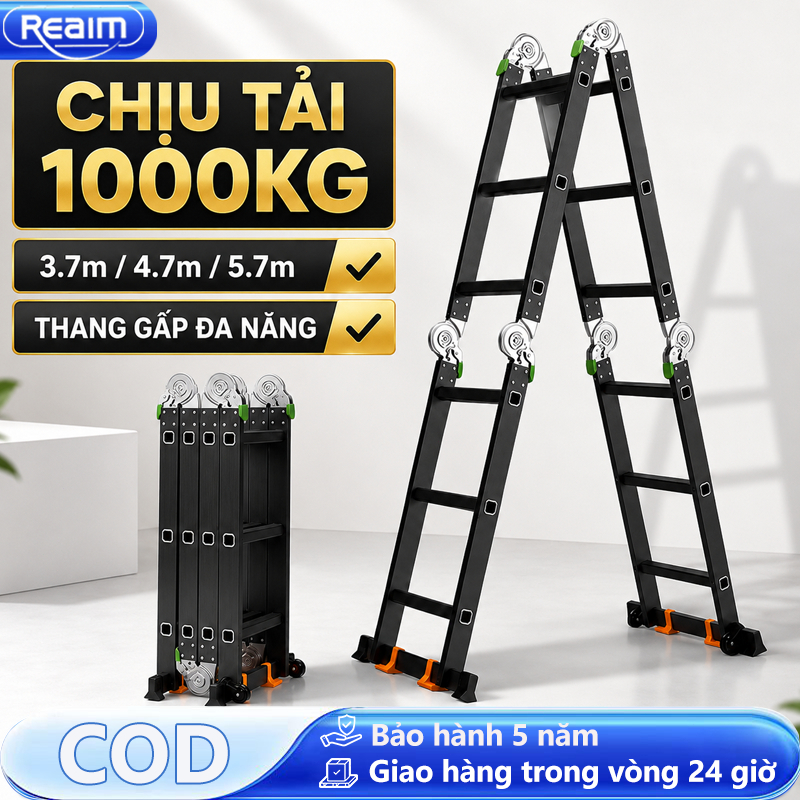 Thang nhôm gấp 4 đoạn nhập khẩu 3,7 - 5,7 mét Chịu Lực 200KG Thang nhôm đa năng, có thiết bị khóa tự động