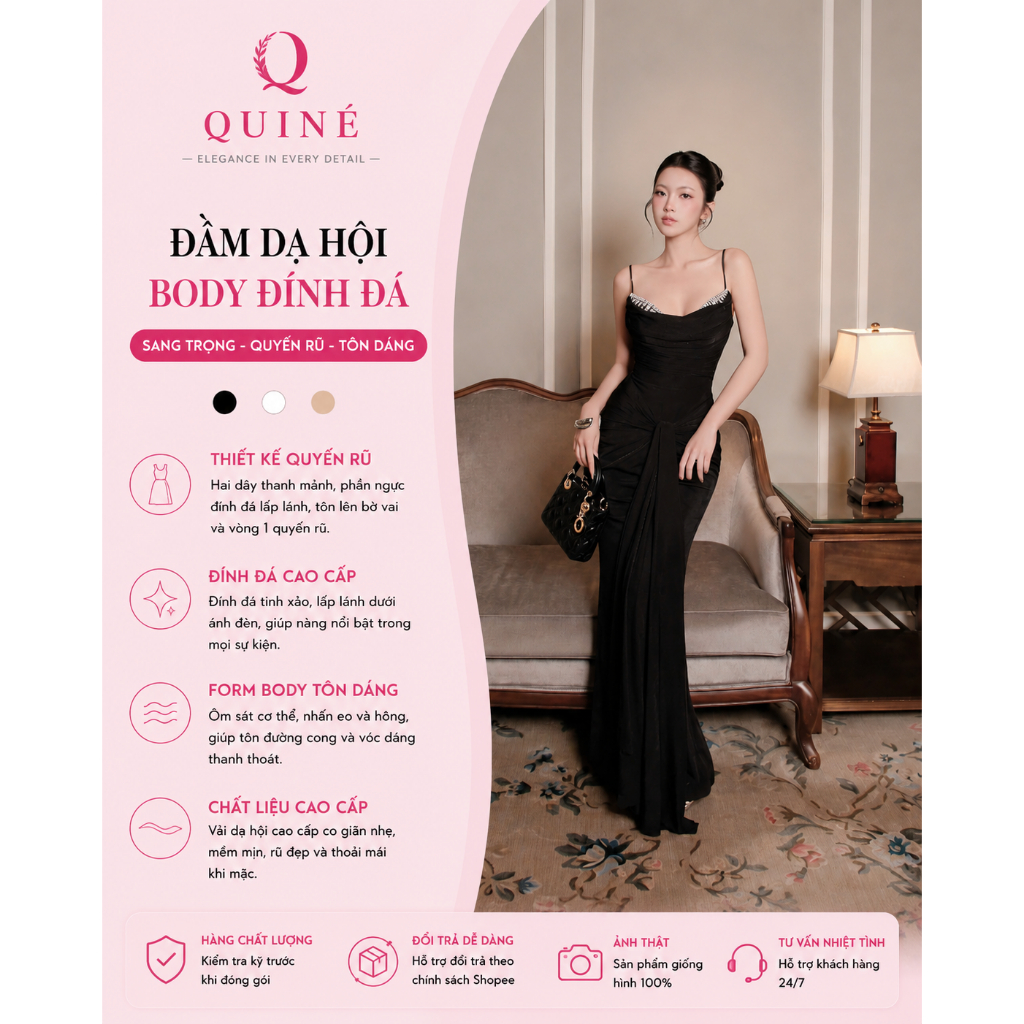 Đầm Dạ Hội Body Đính Đá Cao Cấp QUINÉ – Váy Maxi Ôm Dáng Quyến Rũ Sang Trọng Dự Tiệc Cưới Sự Kiện