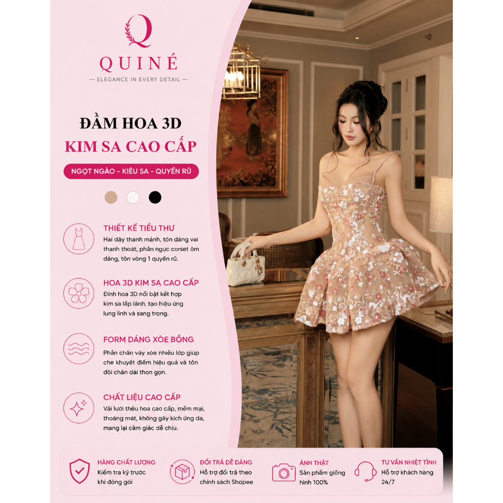 Đầm Hoa 3D Kim Sa Cao Cấp QUINÉ – Váy Xòe Công Chúa 2 Dây Sang Trọng Dự Tiệc Tiểu Thư Cao Cấp