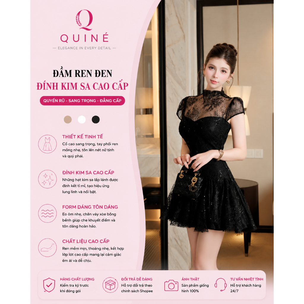 Đầm Ren Đen Đính Kim Sa Cao Cấp QUINÉ – Váy Xòe Công Chúa Sang Trọng Dự Tiệc Quyến Rũ Thanh Lịch