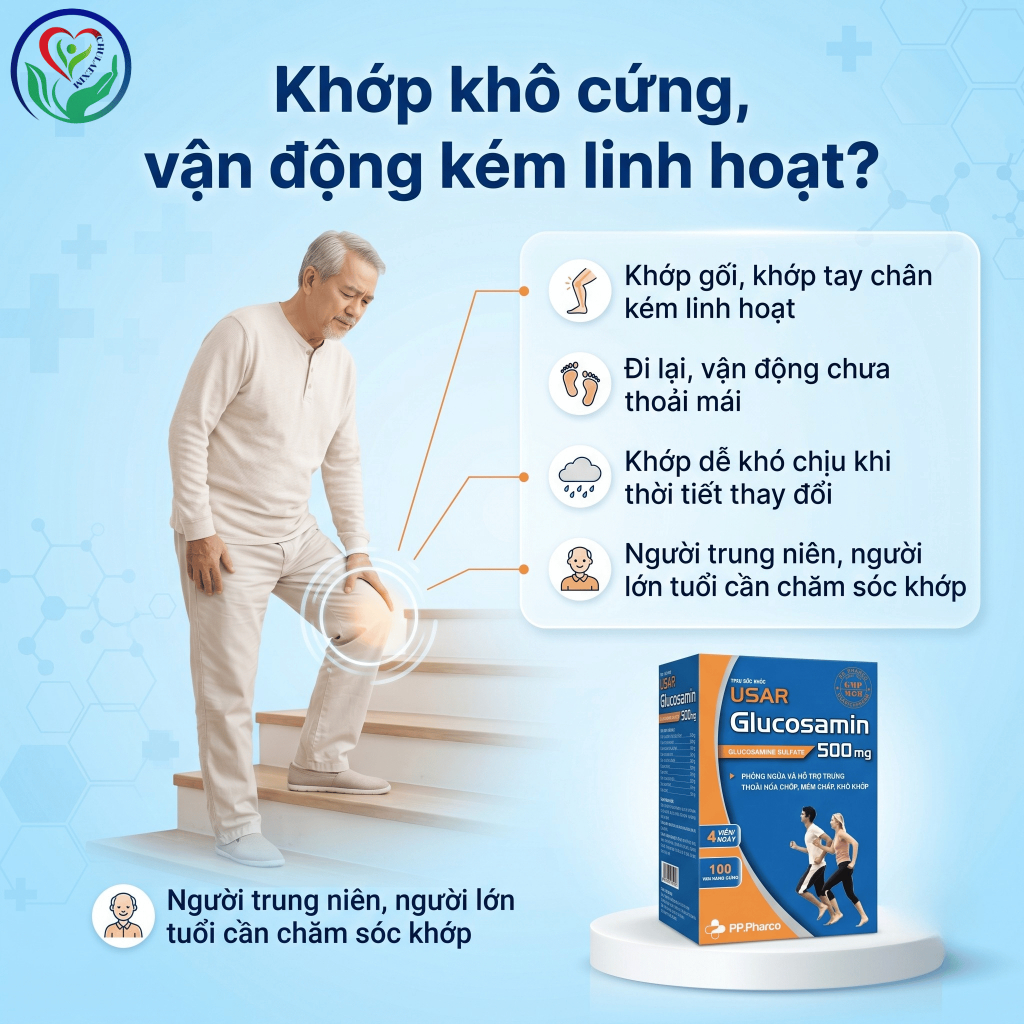 USAR Glucosamin 500mg hỗ trợ xương khớp, khô cứng khớp, vận động linh hoạt – Hộp 100 viên