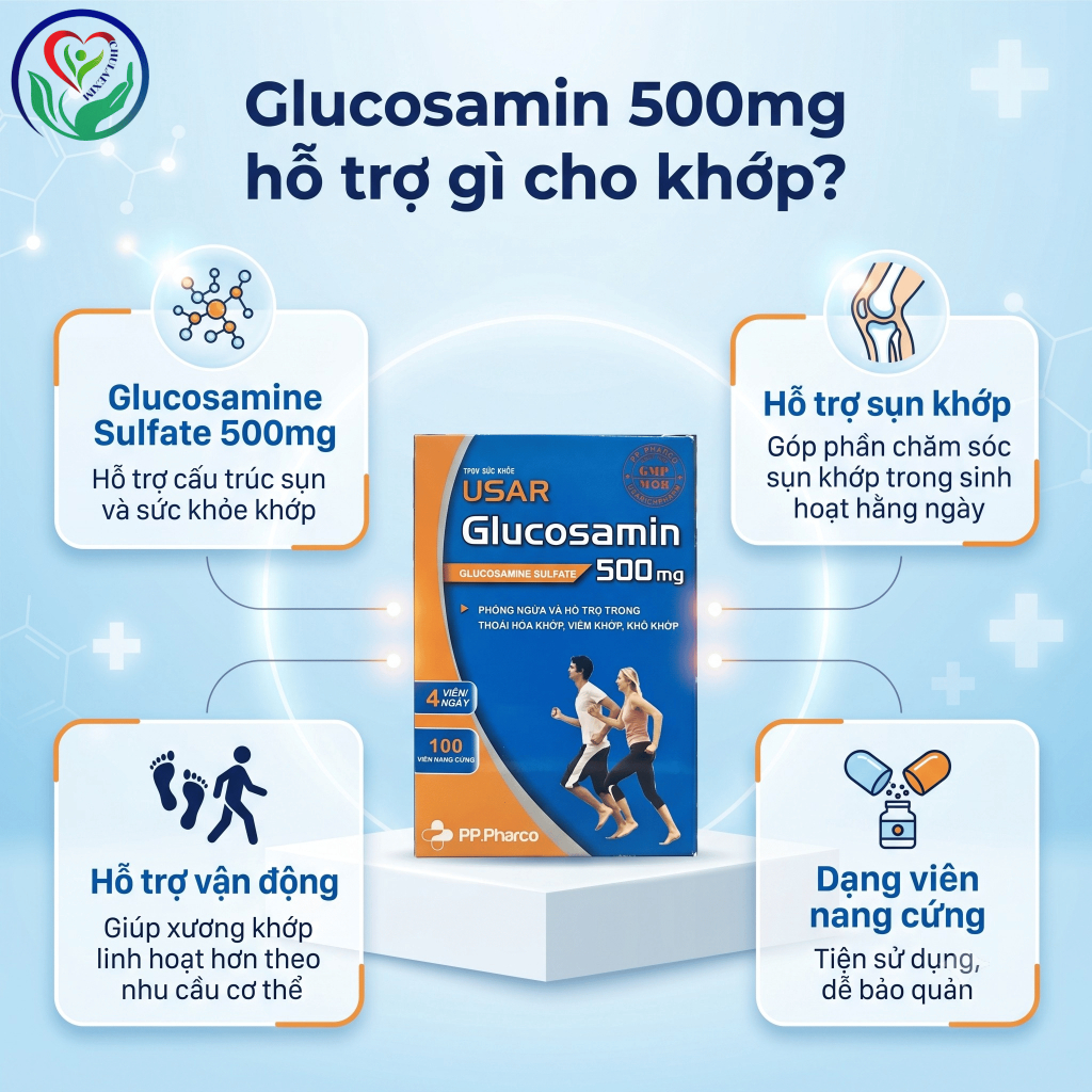 USAR Glucosamin 500mg hỗ trợ xương khớp, khô cứng khớp, vận động linh hoạt – Hộp 100 viên