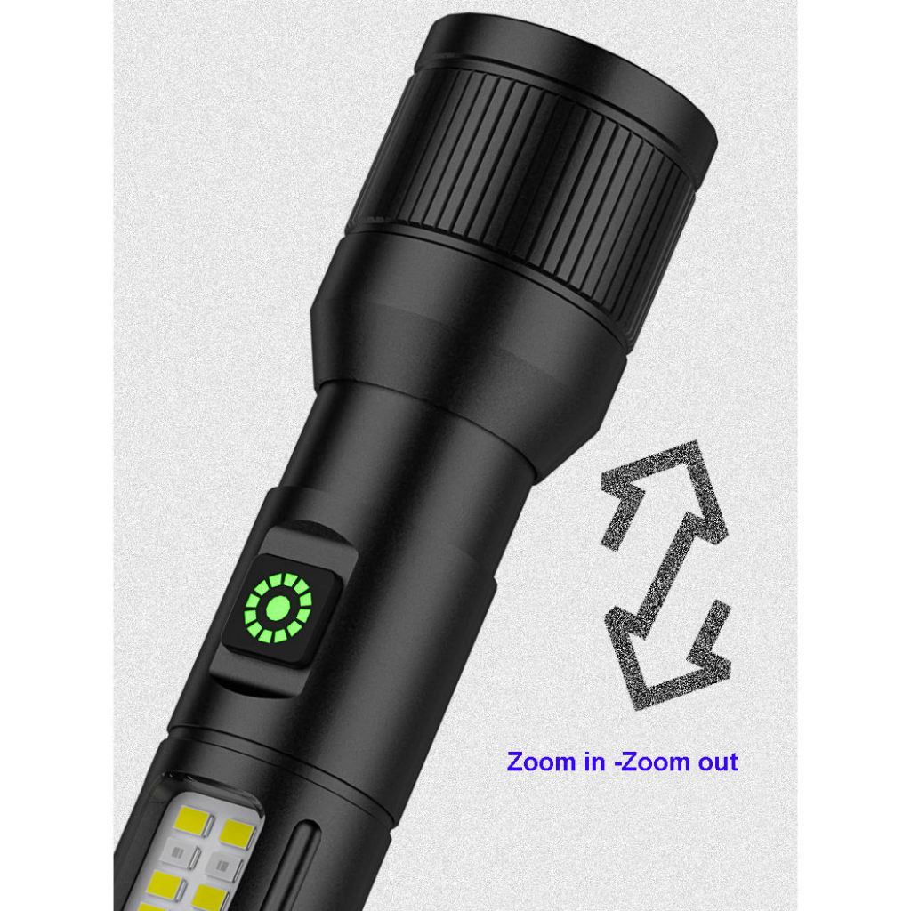 Đèn pin cầm tay siêu sáng SMD có thể zoom gần xa, 6 chế độ ánh sáng, vỏ hợp kim thiết kế nhỏ gọn, có chân sạc tiện lợi