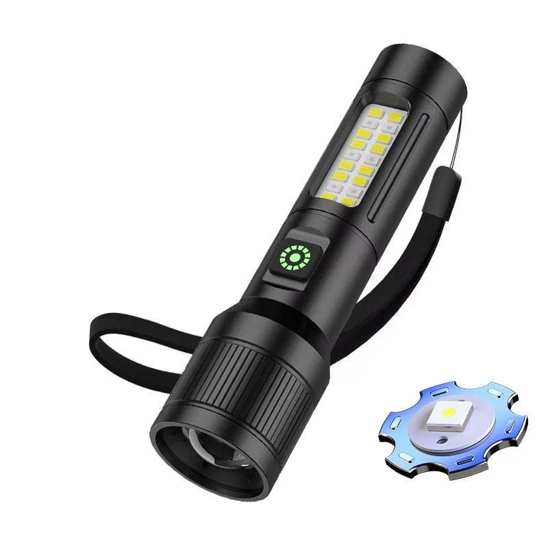 Đèn pin cầm tay siêu sáng SMD có thể zoom gần xa, 6 chế độ ánh sáng, vỏ hợp kim thiết kế nhỏ gọn, có chân sạc tiện lợi