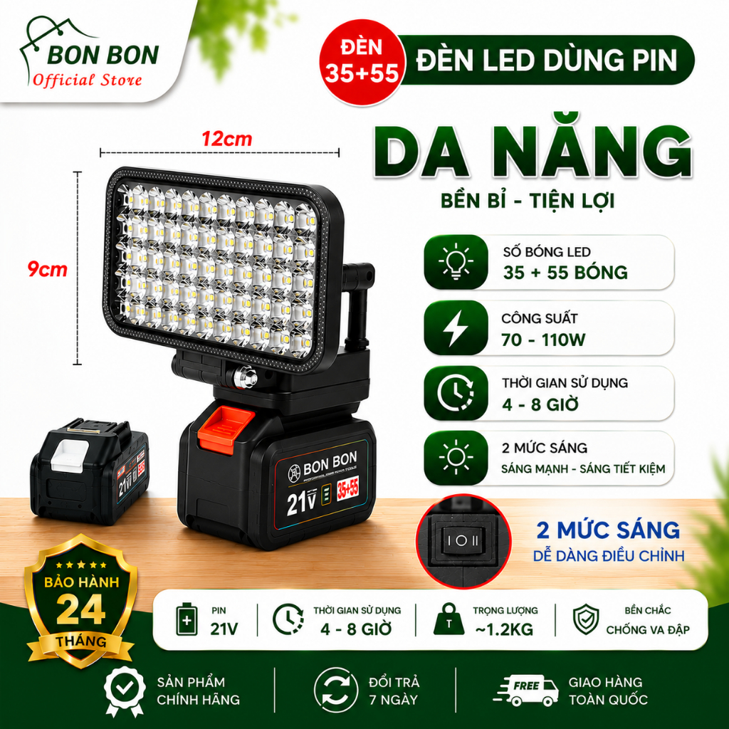 Đèn LED Siêu Sáng 35- 55 Bóng Chân Pin Phổ Thông Makita Có 2 Chế Độ Sáng, Cổng sạc USB
