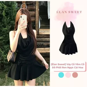 Váy Cổ Yếm Cổ Đổ Phối Ren Ngực Cài Hoa - Váy Ngắn Ôm Body Dáng Xòe Sexy Cá Tính