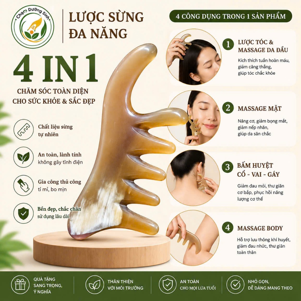 Lược Sừng Massage Đa Năng 4IN1 Dưỡng Sinh Đông Y Cạo Gió Massage Da Đầu Nâng Cơ Mặt Tự Nhiên