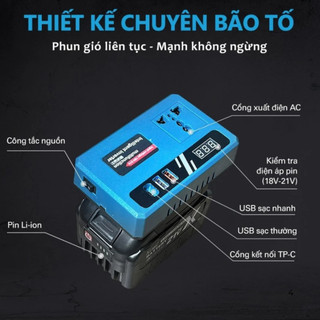 Đế Chuyển Đổi Nguồn Điện Chuyển Từ Pin 21v Lên 110 - 220v, Chân Pin Phổ Thông 4cm ,10-20-30cell ,Kèm 3 Cổng Sạc Nhanh