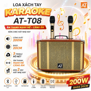 Loa Xách Tay Karaoke AT-T08 Công Suất 200W, Bass 20cm, 3 Treble Cho Âm Thanh Mạnh Mẽ, Căng Ấm, Kèm 2 Mic Hát Nhẹ Hay