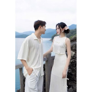 (S-57)[Deal MỞ BÁN] Bộ đồ đôi đi biển nam nữ couple áo ren 2lớp  chân váy dài midi và áo sơmi nam. Set đồ đôi