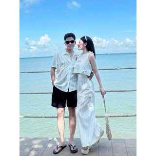 (S-57)[Deal MỞ BÁN] Bộ đồ đôi đi biển nam nữ couple áo ren 2lớp  chân váy dài midi và áo sơmi nam. Set đồ đôi