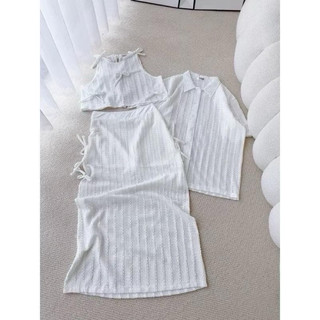 (S-57)[Deal MỞ BÁN] Bộ đồ đôi đi biển nam nữ couple áo ren 2lớp  chân váy dài midi và áo sơmi nam. Set đồ đôi