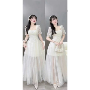 Đầm Trắng Dự Tiệc Dáng Dài - Váy Tiểu Thư Cổ Vuông Tay Bồng Thêu Ren Phủ Lưới Tơ Cao Cấp Mặc Đi Bàn Cưới, Sự Kiện