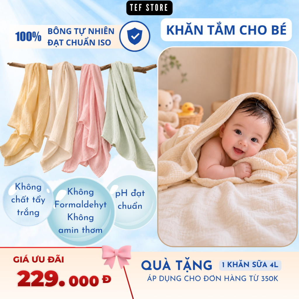 Khăn tắm cho bé sơ sinh khăn ủ tắm quấn bé 4 lớp muslin bông tự nhiên 100x100cm mềm mại, thấm hút Tef store