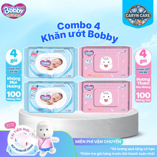 (Nhiều miếng) Thùng 18 Gói Khăn giâys ướt Bobby không mùi/có mùi 100 miếng/gói (Xanh/hồng)