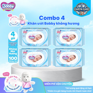 (Nhiều miếng) Thùng 18 Gói Khăn giâys ướt Bobby không mùi/có mùi 100 miếng/gói (Xanh/hồng)