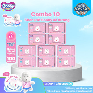 (Nhiều miếng) Thùng 18 Gói Khăn giâys ướt Bobby không mùi/có mùi 100 miếng/gói (Xanh/hồng)