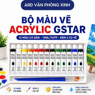 Bộ màu vẽ Acrylic G-Star 12 màu 12ML kèm cọ vẽ tuýp màu vẽ được trên nhiều chất liệu