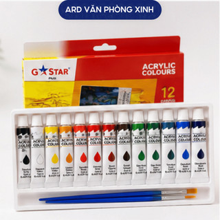 Bộ màu vẽ Acrylic G-Star 12 màu 12ML kèm cọ vẽ tuýp màu vẽ được trên nhiều chất liệu