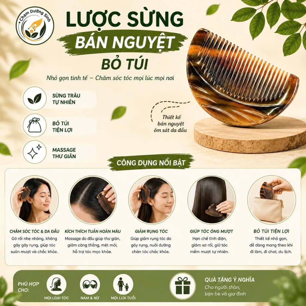 Lược Sừng Bán Nguyệt Bỏ Túi Chống Tĩnh Điện Massage Da Đầu Chải Tóc Mượt Tự Nhiên
