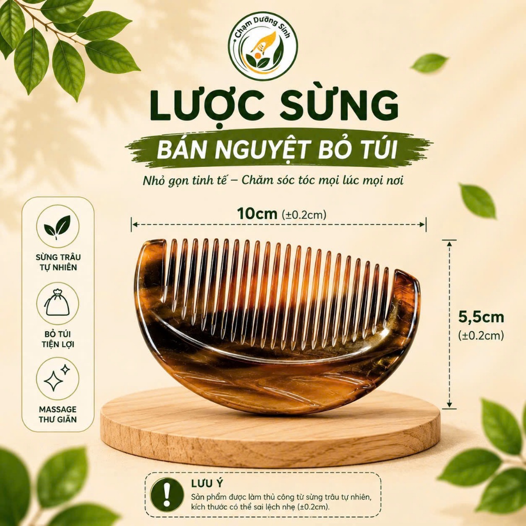 Lược Sừng Bán Nguyệt Bỏ Túi Chống Tĩnh Điện Massage Da Đầu Chải Tóc Mượt Tự Nhiên