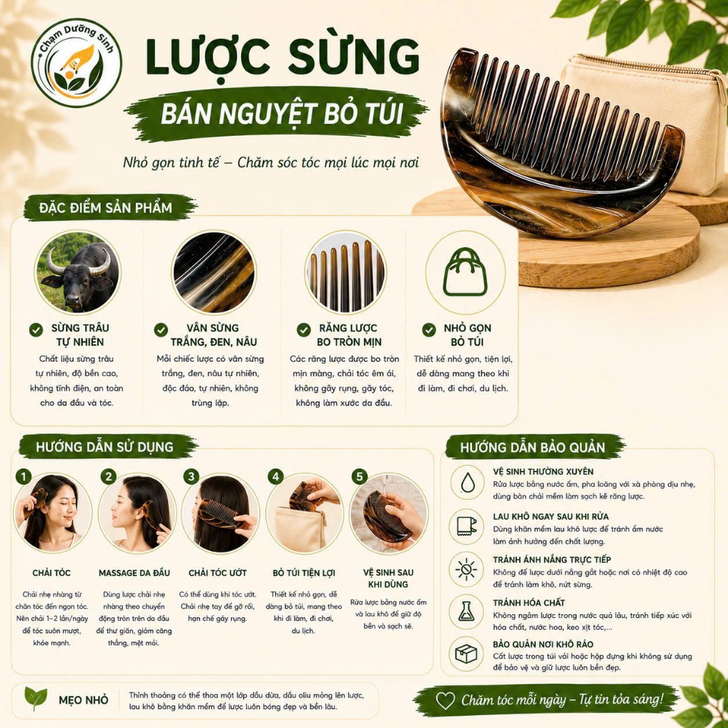 Lược Sừng Bán Nguyệt Bỏ Túi Chống Tĩnh Điện Massage Da Đầu Chải Tóc Mượt Tự Nhiên