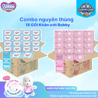 (Nhiều miếng) Thùng 18 Gói Khăn giâys ướt Bobby không mùi/có mùi 100 miếng/gói (Xanh/hồng)