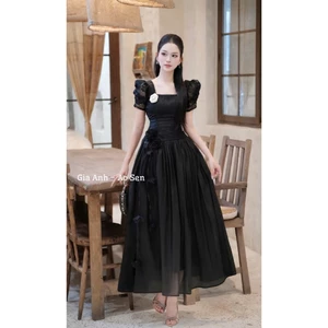 Đầm Dự Tiệc Dáng Dài Gia Anh Cổ Vuông Tay Bồng - Váy Tiểu Thư Thiết Kế Ren Thêu Phủ Lưới Tơ Đính Hoa Nổi Đi Tiệc