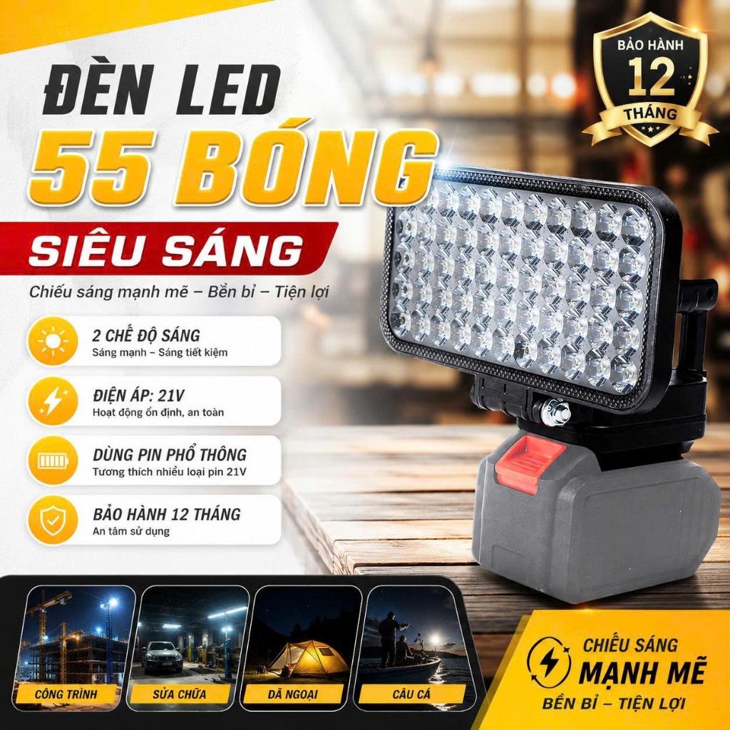 Đèn Led 55 Bóng Công Suất Lớn Sử Dụng Chân Pin Phổ Thông Có 2 Chế Độ Sáng, Có 2 Cổng Sạc USB, Tay Cầm Tiện Dụng