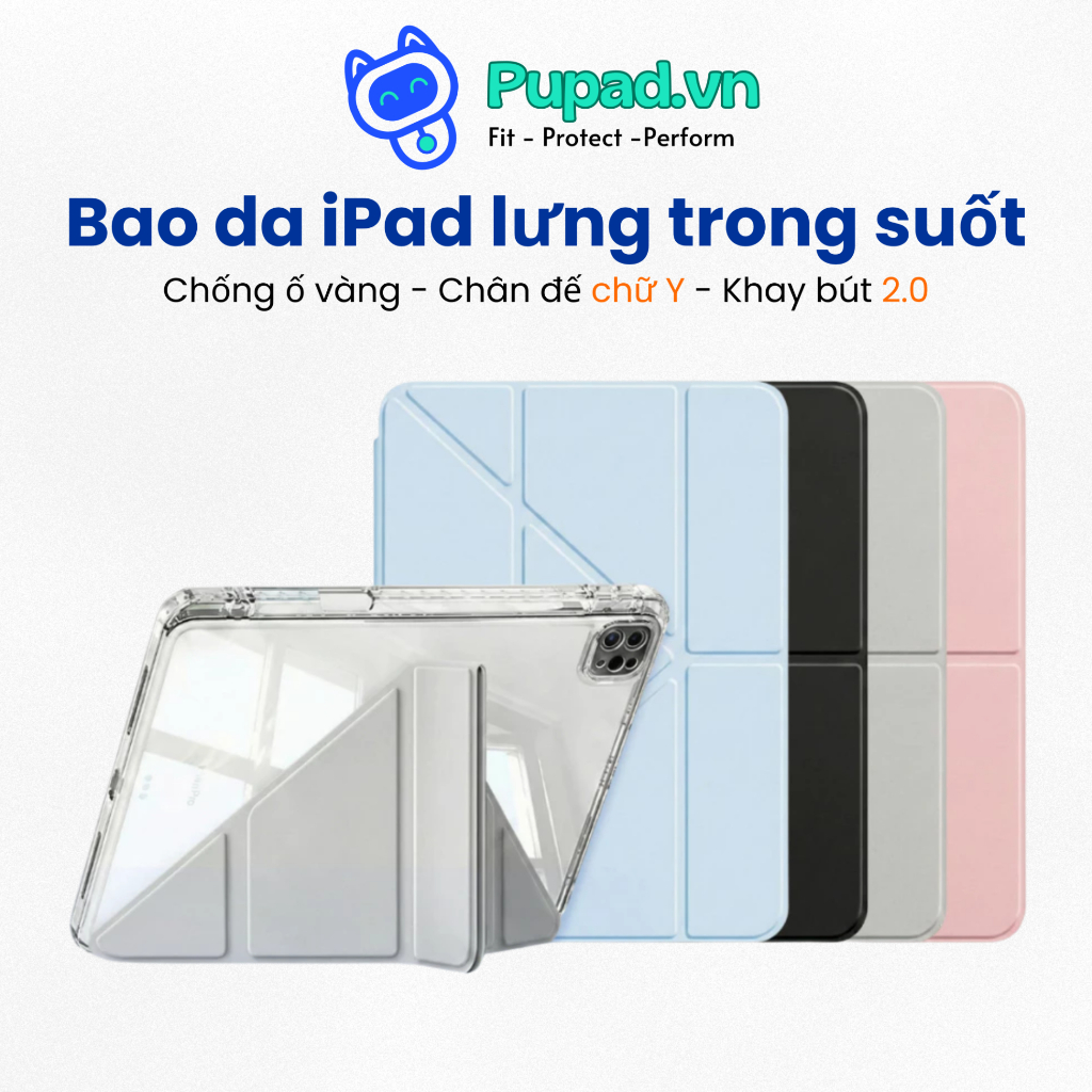 Bao Da iPad Mặt Lưng Trong Suốt PUPAD P03 | Chân Đế Chữ Y, Khay Đựng Bút Cho A16 Gen 10/11 Pro 11 13