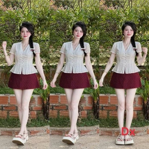 Set Bộ Nữ Áo Xô Hoa Nổi Cổ V Chiết Eo Dáng Peplum Mix Chân Váy Chấm Bi Mango Có Lót Trong Cá Tính