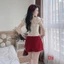 Set Bộ Nữ Áo Mango Hoa Nhí Cổ Vuông Thắt Nơ Dáng Corset Mix Quần Short Kaki Đỏ Đô Siêu Tôn Da